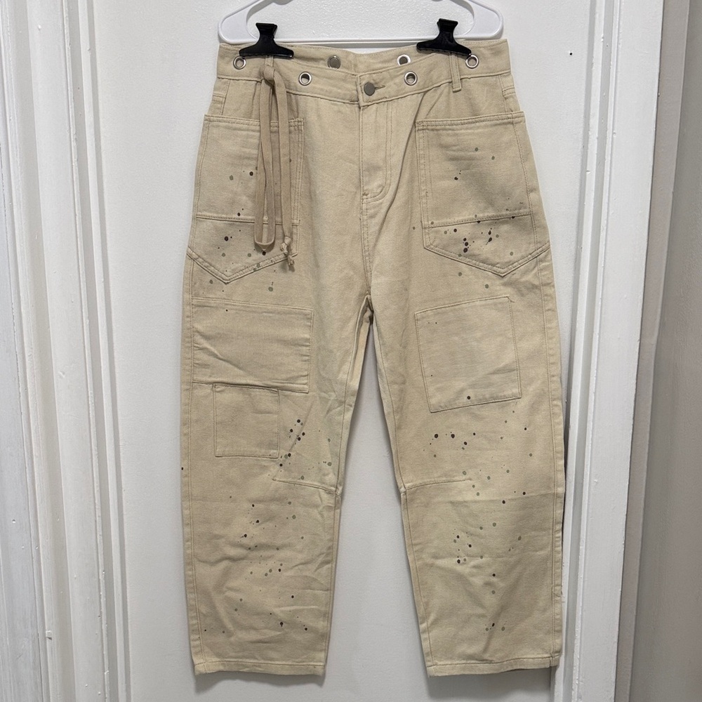 Men's Beige Cargo Pants with Distressed Details